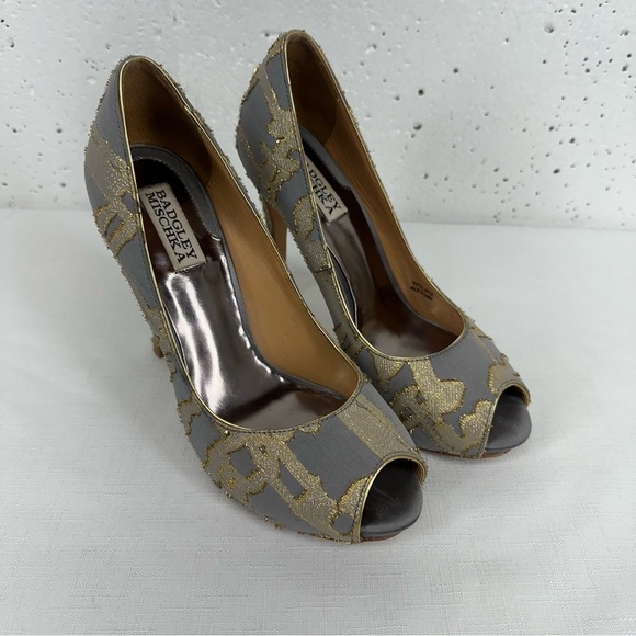 Badgley Mischka Women’s Size 8 Roxie Gold Gray Open Toe Heels Pump - Picture 1 of 14
